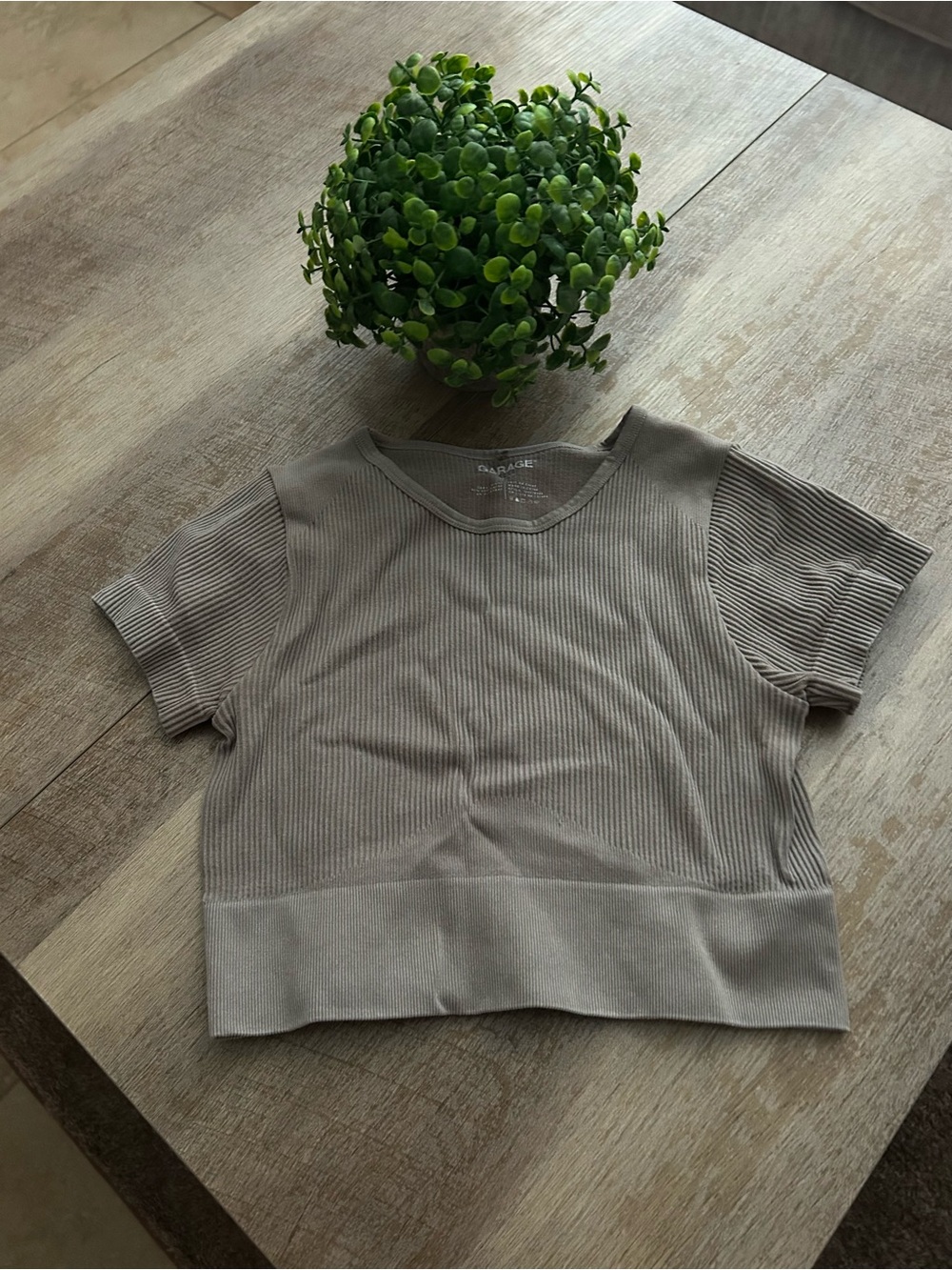 Garage Ribbed Short-Sleeve Crop Top - Taupe